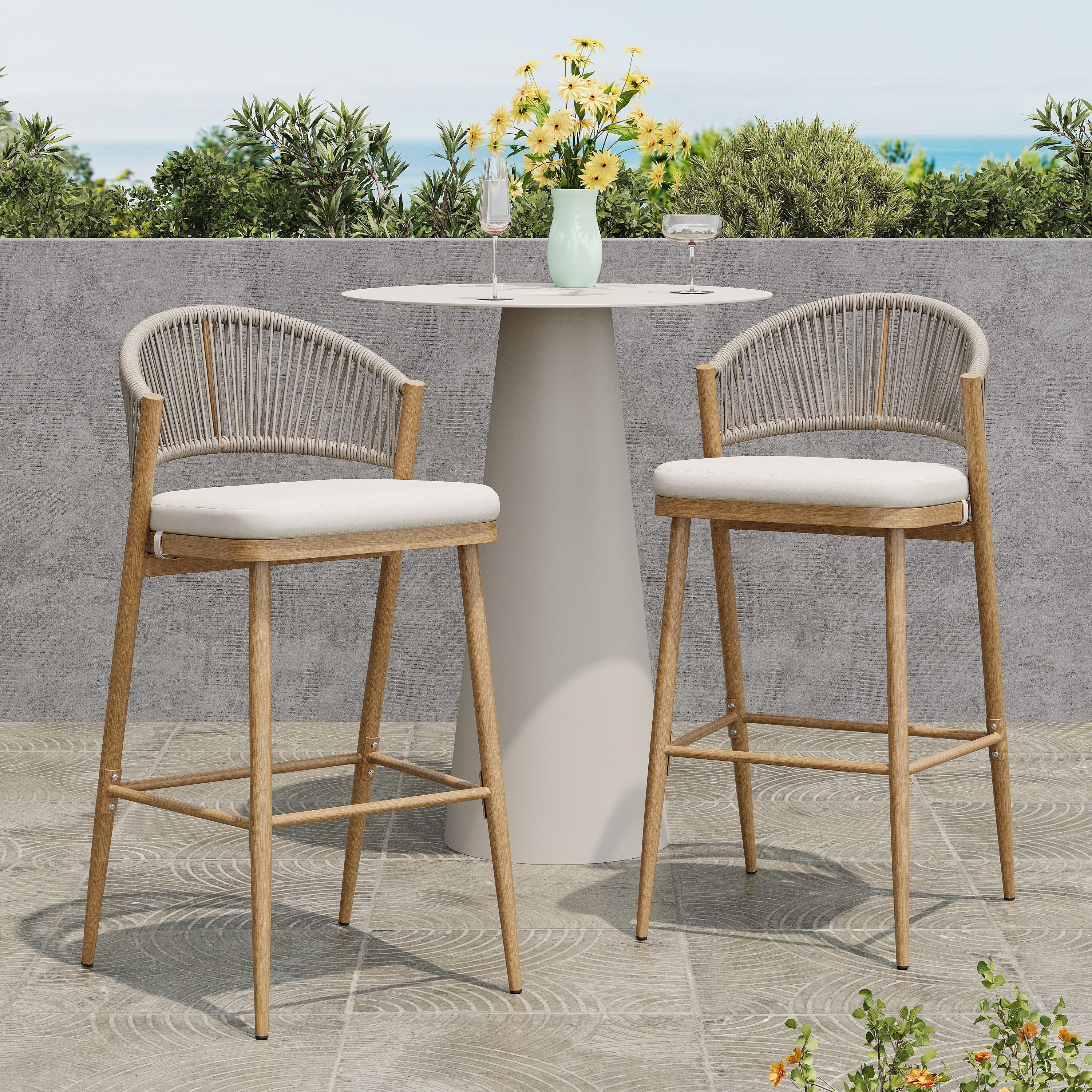 Outdoor Bar Height Aluminum Frame Counter Stools with Scallop-shaped Backrest & Water-resistant Cushions