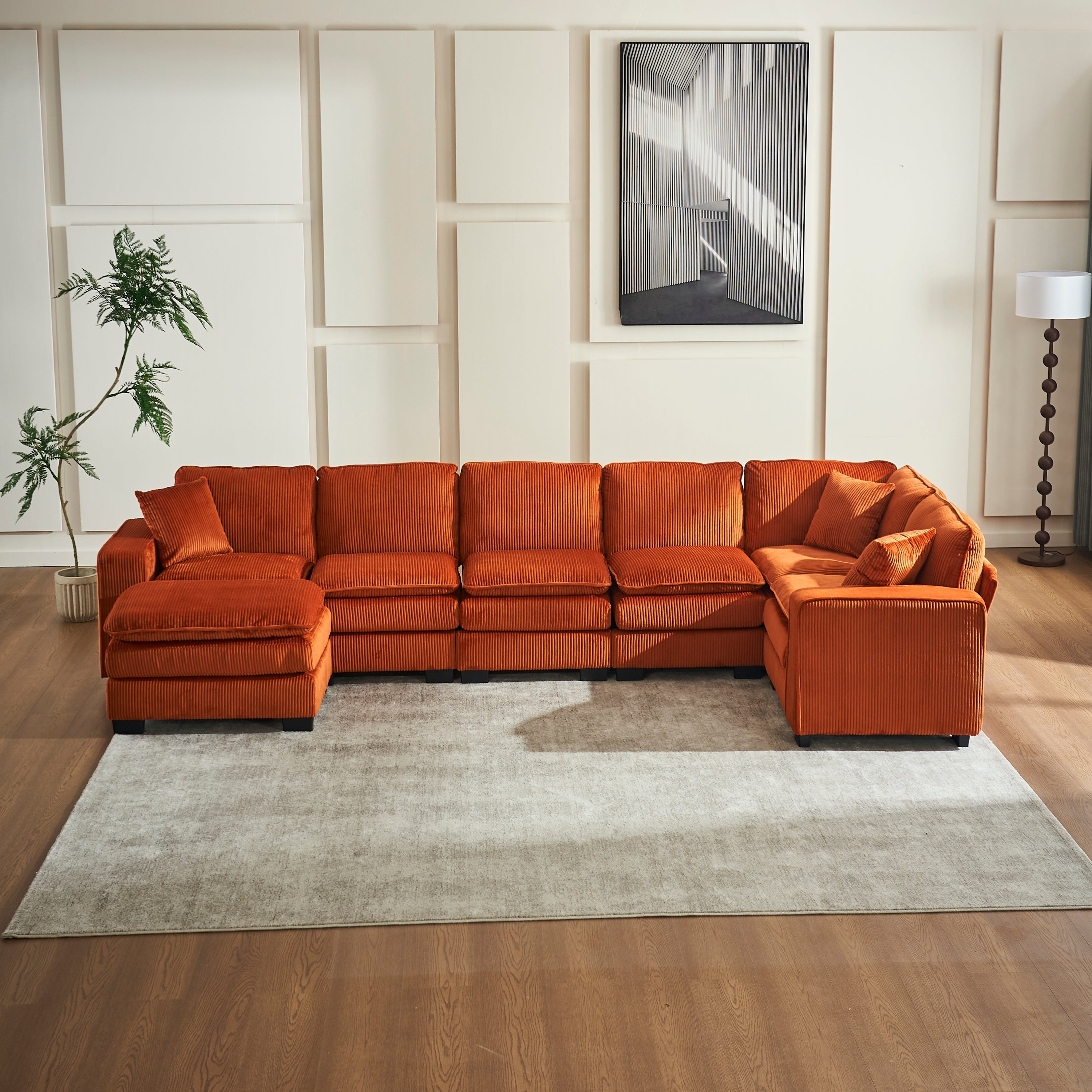 Modern U Shaped 6-seat Sectional Sofa Couch with one Ottoman and three toss pillows ,Modular Sofa for Living Room,Corduroy sofa