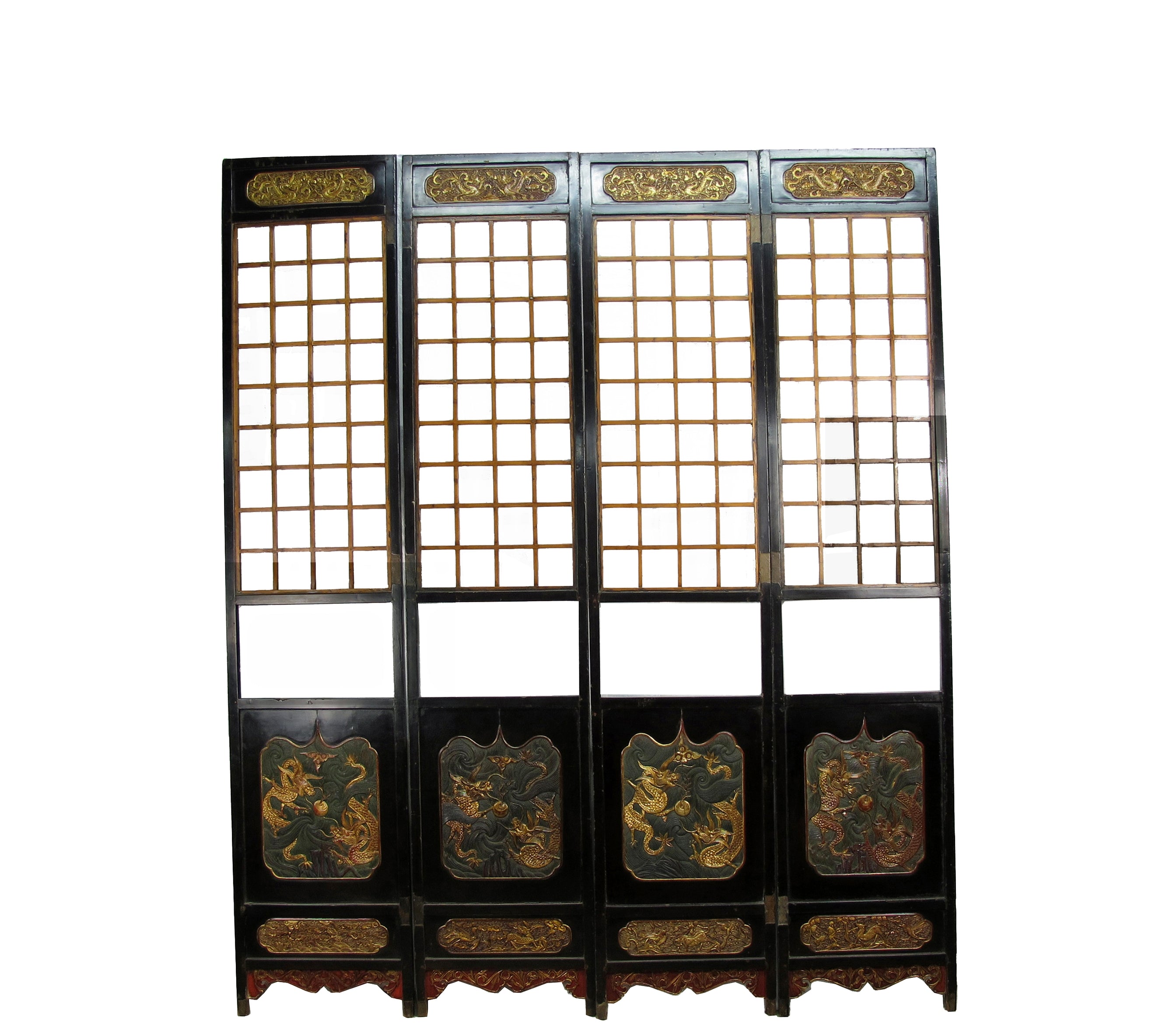 Antique Chinese Room Divider w Hand Carved & Gilded Dragons on Both Sides - Set of 4