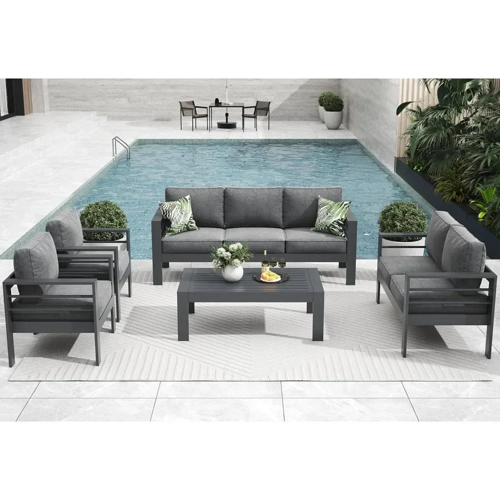 Modern 5 Pieces Aluminum Patio Furniture Set, Garden Furniture Sets, Conversation Sets Metal Sectional Sofa with Coffee Table
