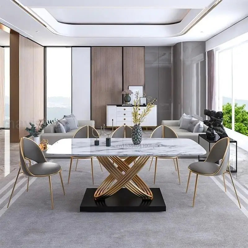Modern Dining Table With Stainless Steel Finish Black White Desk Top For Six People Home Rectangle Luxury Marble Kitchen Table