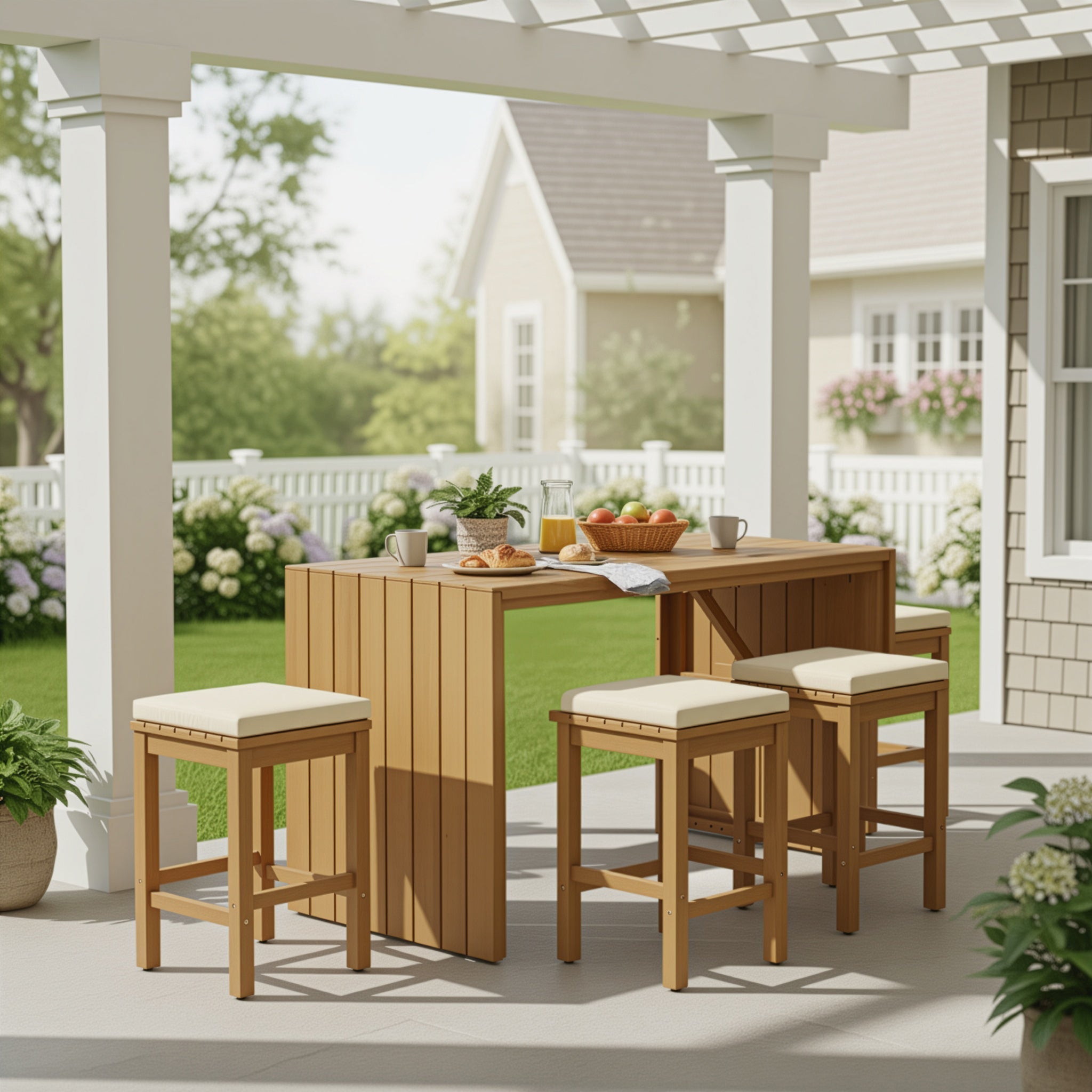 5 Piece Outdoor Bar Set with Acacia Wood Table and Cushioned Stools