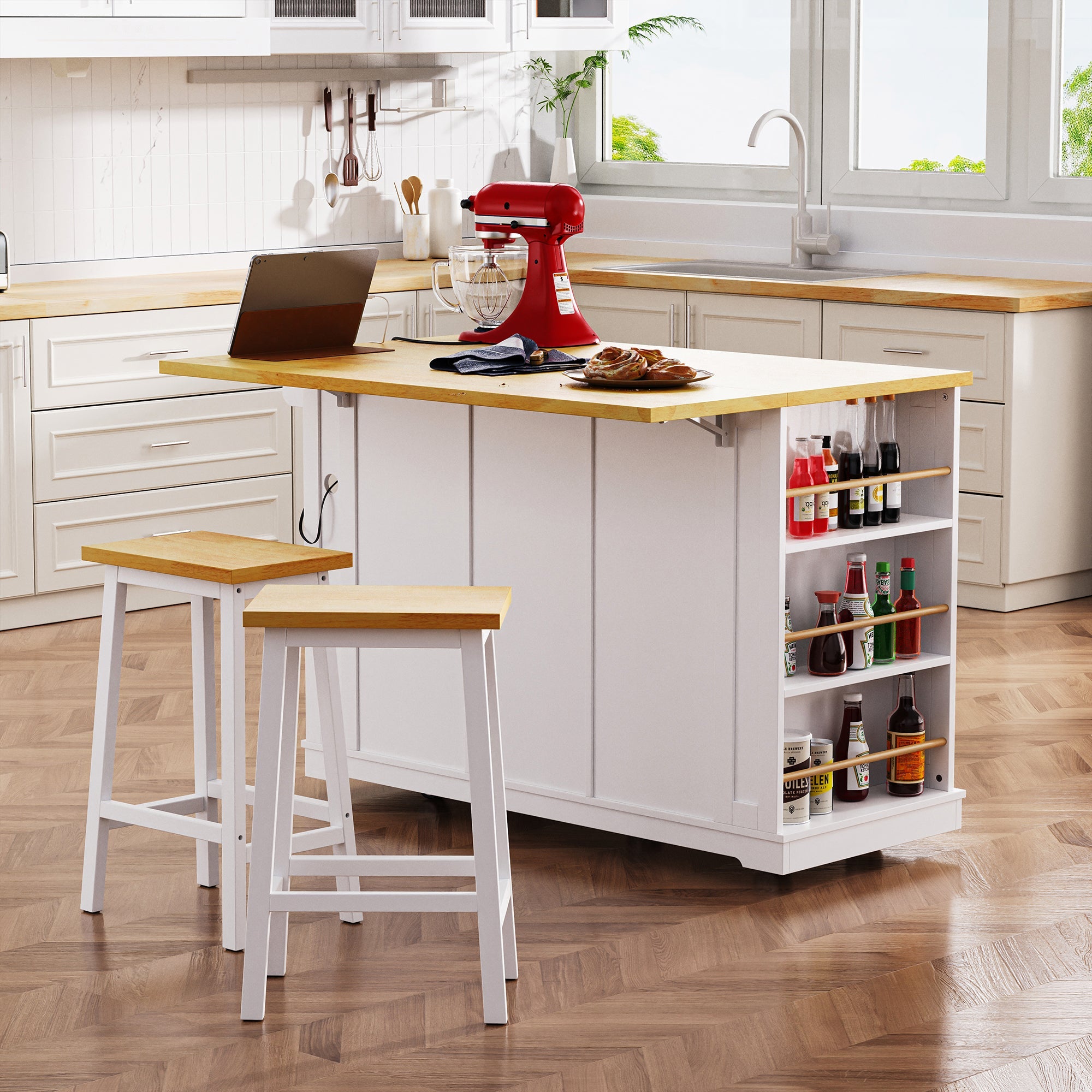 K&K 53inch Large Kitchen Island with 2 Bar Stools, Power Outlet,Door Internal Storage Rack, Kitchen Storage Cart on 5 Wheels with Drop Leaf, 5 Open Side Racks, 3 Drawers, for Kitchen,Dining Room,White